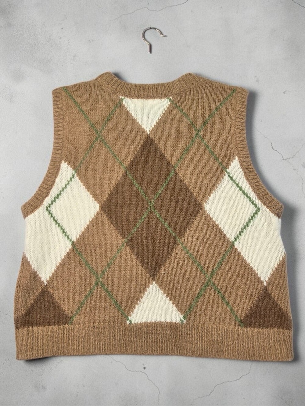 Sezane Sweater Vest Khaki Cream Argyle Crop Crew Neck Alpaca Blend Size Large - Picture 11 of 15